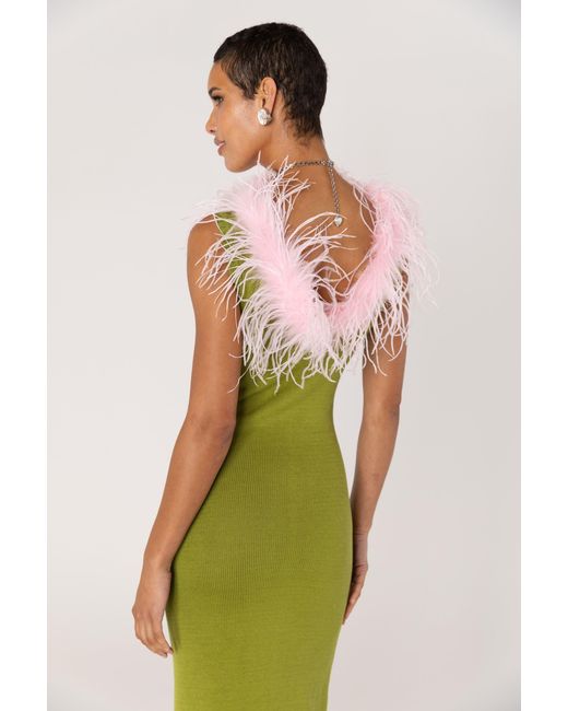Andreeva Green Chrysanthemum Knit Dress With Real Ostrich Feathers Details