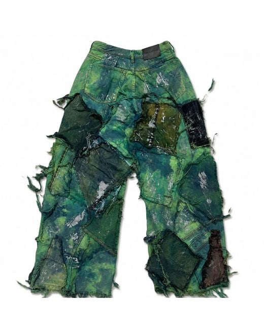 Zasta Studio Green Wearable Ruins Shredded Wide Leg Colored Denim Pants A