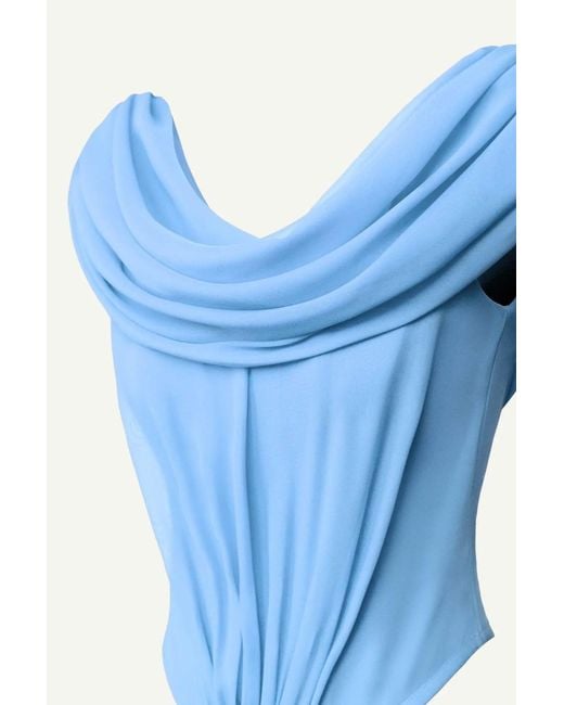 POST MERIDIEM Blue Draped Cowl-Neck Top With Front Panel Draping