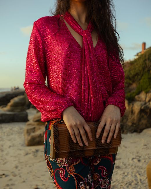 Jennafer Grace Pink Cerise Sequin Tie Front Blouse