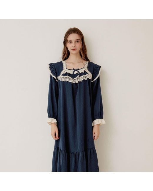 Luna Luz Blue Helen Cotton Square-Neck Long-Sleeve Nightdress