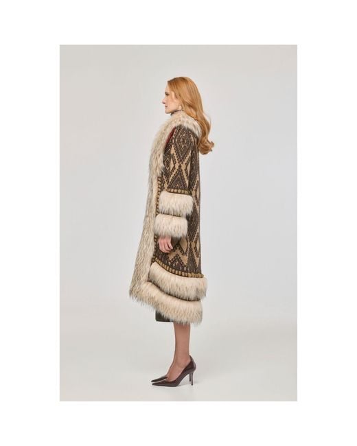 The Extreme Collection Natural Multicolour Long Knit Coat With Faux Fur Kira