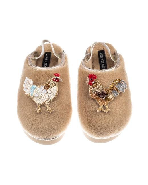 Laines London Brown Neutrals Flatform Cloud Closed Toe Slippers With Chicken & Rooster Brooches