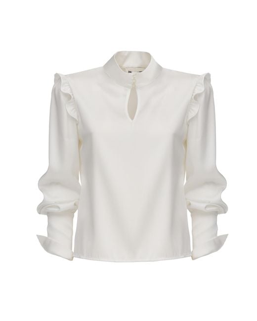 Julia Allert White Neutrals Designer Satin Blouse With Bishop Sleeves And Stand Collar –