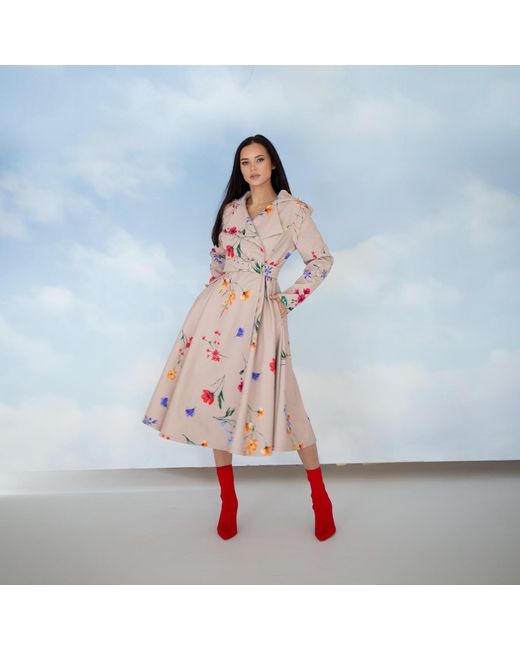 RainSisters Pink Beige Waterproof Trench Coat With Colourful Flower Print: Spring Bloom