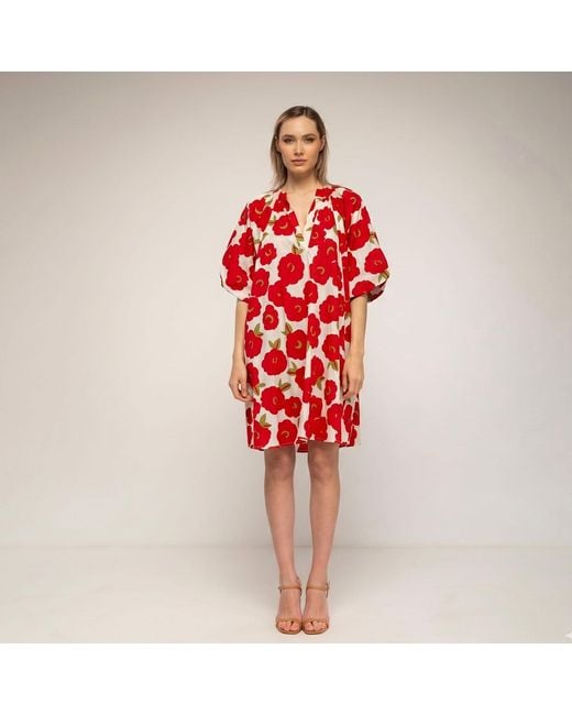 Tantra Spain Sl Red Short Floral-Print Dress With Puff Sleeves And A V-Neck