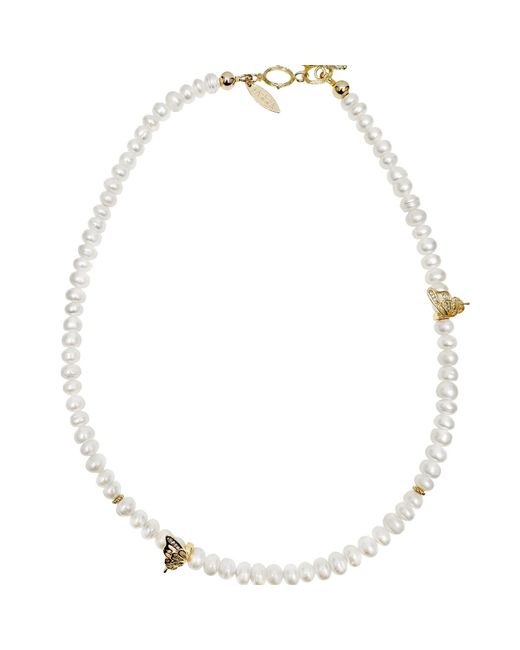 Farra Metallic Freshwater Pearls With Butterfly Charm Necklace