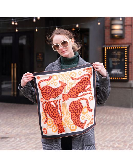 Jessie Zhao New York Brown Silk Bandana Of Leopards With Floral Fountain