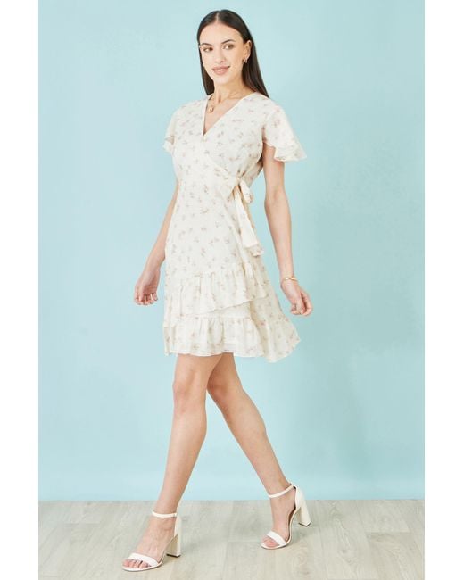Yumi' Natural Rose Print Wrap Over Frill Dress