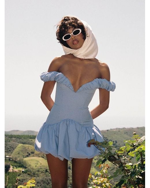 Miss Circle New York Blue Sablee Checkered Puffy Off Shoulder Trim Bubble Hem Mini Dress