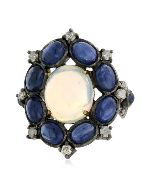 Artisan Blue Sapphire Opal Diamond 18k Gold 925 Sterling Silver Handmade Ring Jewelry