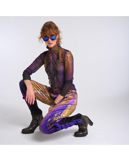 Lalipop Design Purple Abstract Printed Semi-Sheer Tulle Top