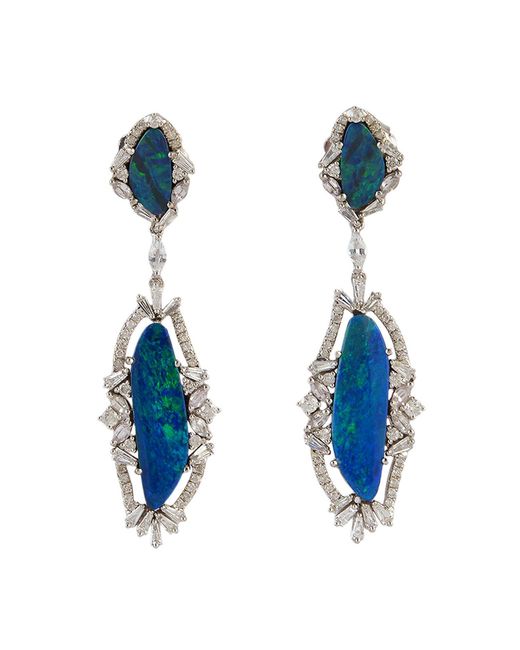 Artisan Blue 18k White Gold Diamond Opal Doublet Sapphire Dangle Drop Earring