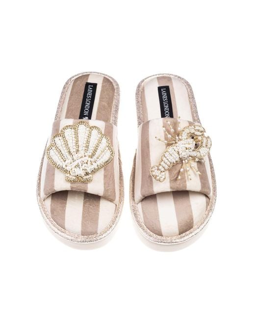 Laines London Multicolor Neutrals Flatform Stripe Open Toe Slippers With Pearl Shell & Lobster Brooches