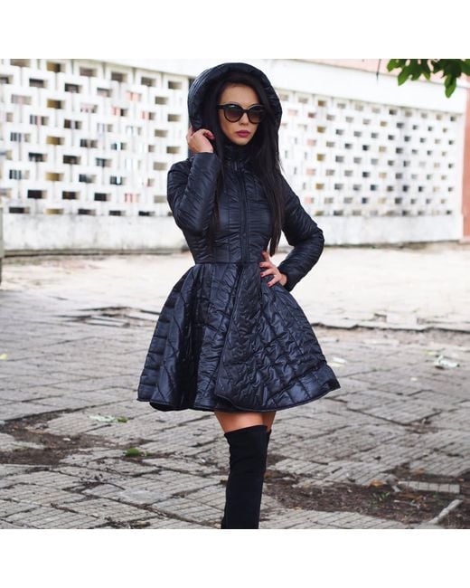 Adrenaline Fashion Blue Short Puffer Coat Quilted Winter Jacket With Hood And Belt Flared Elegant Outerwear