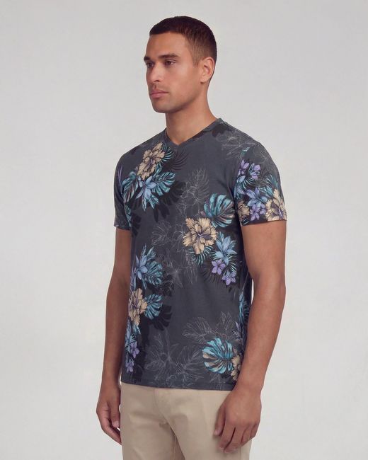 Lords of Harlech Blue Maze Exotic Floral Vneck Tee for men