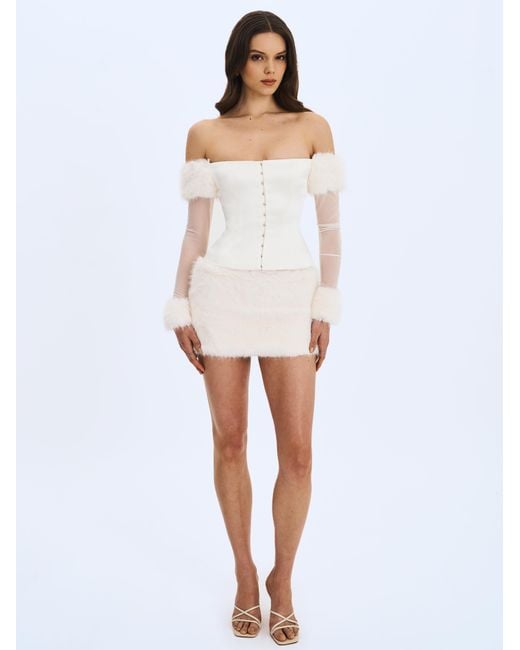 Miss Circle New York White Narla Ivory Low-Waisted Fur Mini Skirt