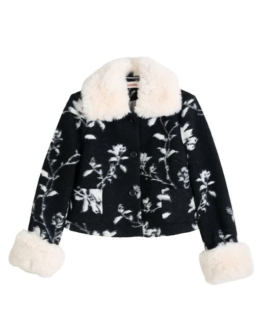 Louche Black Kent Power Bloom Fur Collar And Cuff Jacket