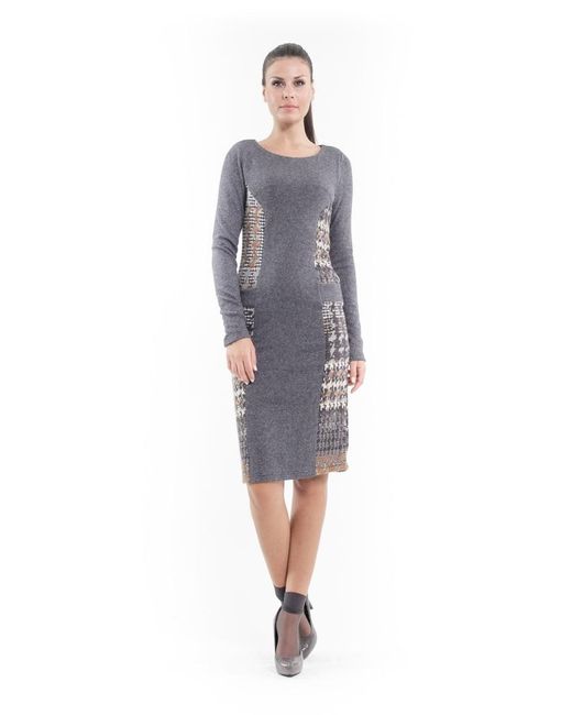Conquista Gray Patterned Straight Sweater Dress