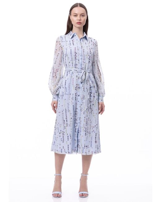 Carloslines Blue Button Down Shirt Dress With Illusion Puff Long Sleeve & Pockets