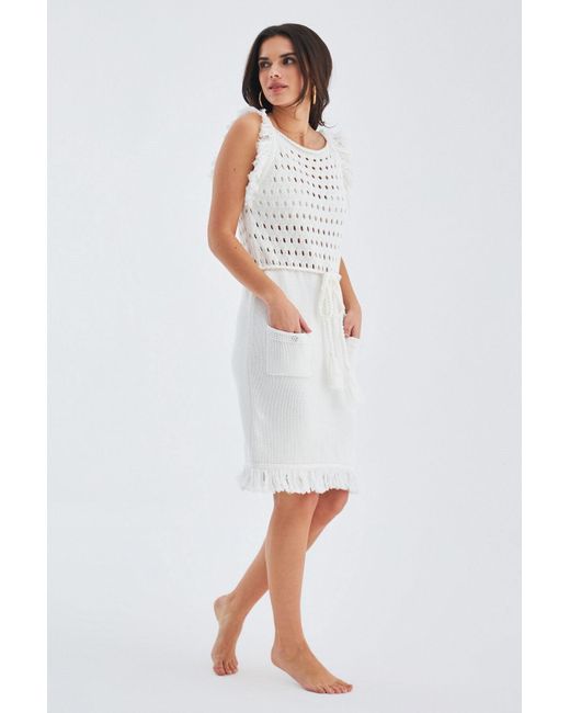 Peraluna White Miyoki Mini Knitted Tasseled Dress In Off