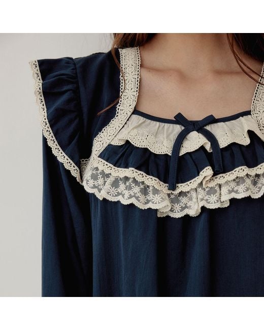 Luna Luz Blue Helen Cotton Square-Neck Long-Sleeve Nightdress
