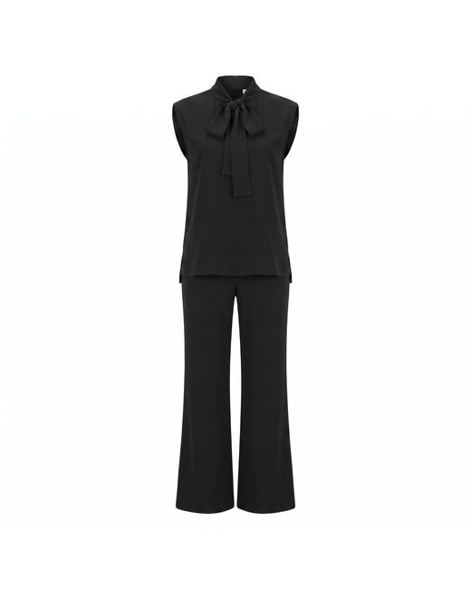 Modenaire Black Sleeveless Tie Neck Blouse And Wide Leg Trouser Set