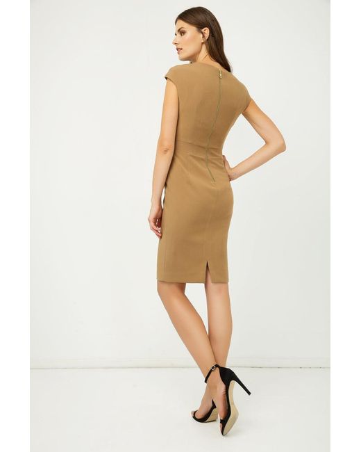 Conquista Natural Solid Colour Dress With Cap Sleeves Camel Color