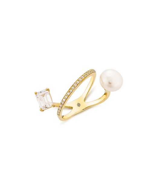 SALLY SKOUFIS Metallic New Moon Ring With Natural Pearl & Made Cz Diamond Stimulant