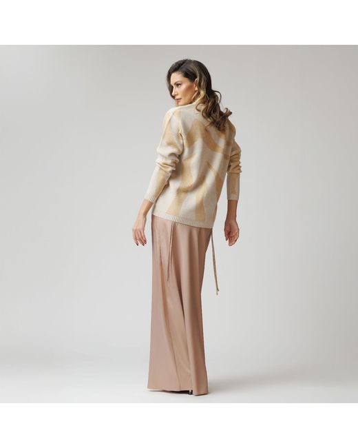 concept A trois Natural Neutrals Cream& Printed Cardigan With V Neckline, Knitted, With Crystal Buttons