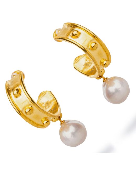 Ebru Jewelry Metallic Pearl Drop Gold Hoop Earrings