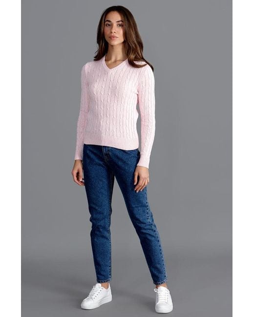 Paul James Knitwear Pink Cotton Talulah Cable V Neck Jumper