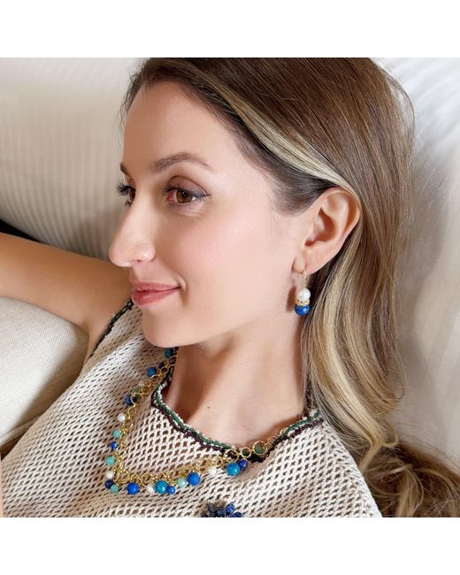 Farra Blue Royal Lapis & Pearl Floral Dangle Earrings