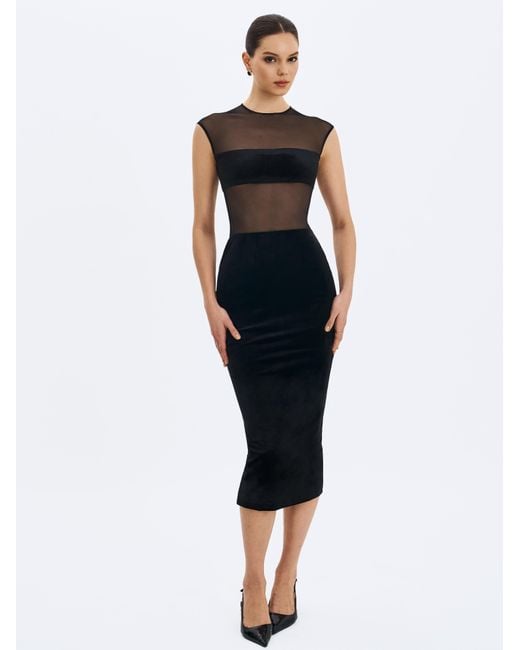 Miss Circle New York Black Quielle Mesh & Velvet Midi Bodycon Dress