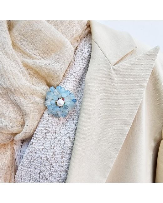 Farra Blue Handcrafted Flower Shape Natural Aquamarine Brooch