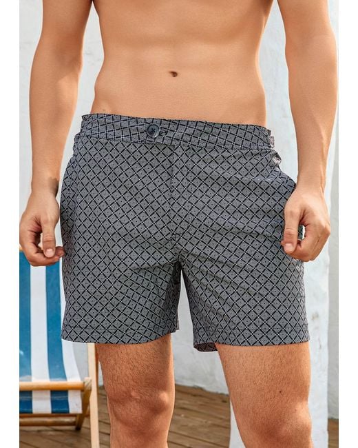 Vayla Gray Long Length Dark Geometric Print Swim Shorts for men