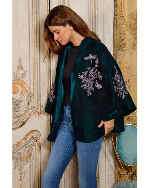 Artemis Muse Blue Wild Flowers & Butterflies & Velvet Embroidered Short Kimono