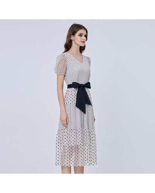 Smart and Joy White Tulle Dress With Polka Dot And Balloon Sleeves