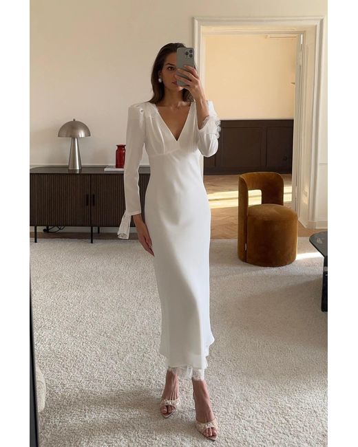 POST MERIDIEM White Fitted Midi Dress With Lace