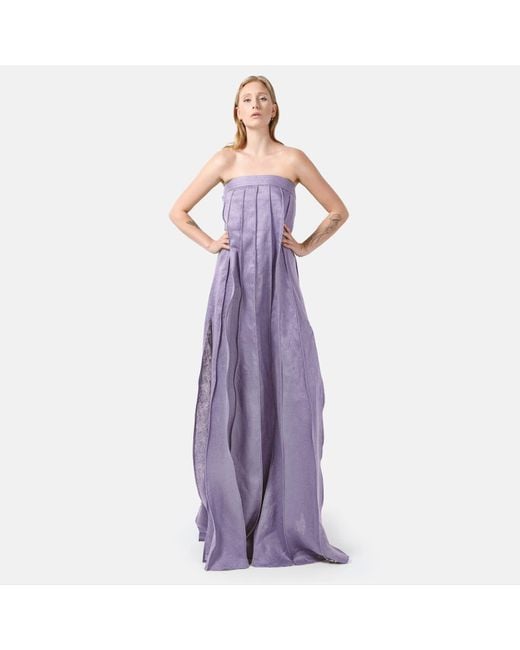 Kargede Purple Lilac Linen Maxi Dress – Designer Strapless Gown With Pleated Detail