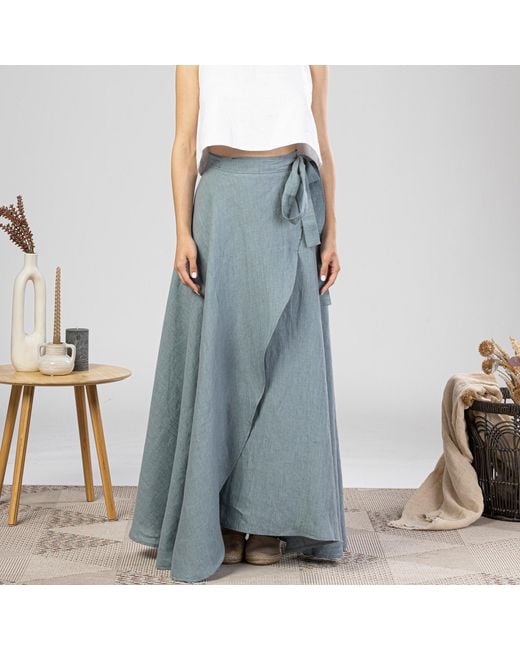 Nikka Place Blue Summer Beach Linen Wrap Skirt With Tie