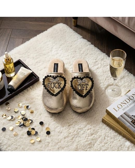Laines London Metallic Softie Slippers With & Fuck Off Brooches