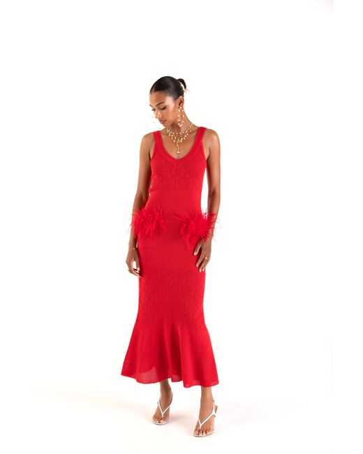 Andreeva Red Cherry Knit Dress With Real Ostrich Feather Details