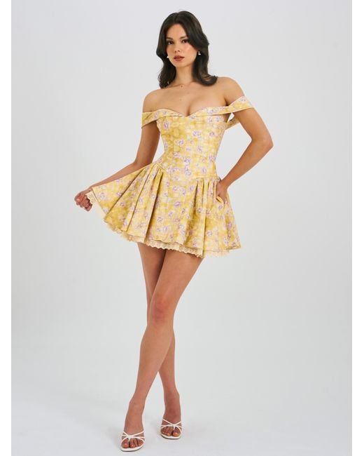 Miss Circle New York Yellow Oana Floral Print Linen Collared Off Shoulder Mini Dress