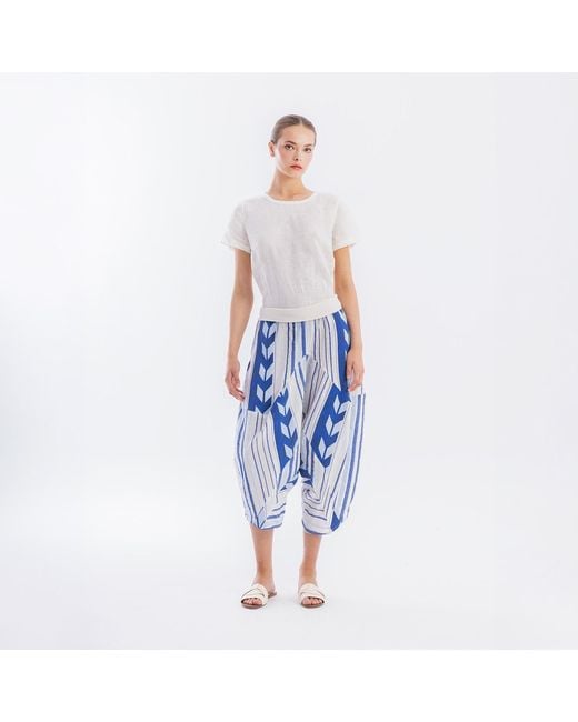 Haris Cotton Blue Cotton Embroidered Buggy Pants With Rib Waist Arrow
