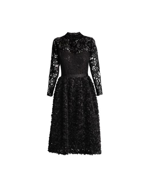 Rumour London Black Grazia Midi Dress With Lace Bodice And Ruffled-Tulle Skirt