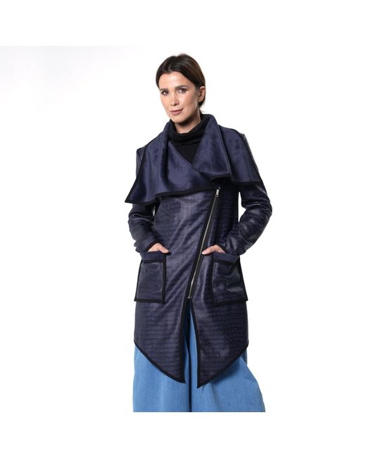 Metamorph Blue Croc-Effect Asymmetric Zip Coat With Draped Collar