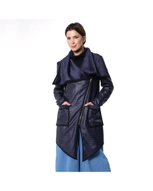 Metamorph Blue Croc-Effect Asymmetric Zip Coat With Draped Collar