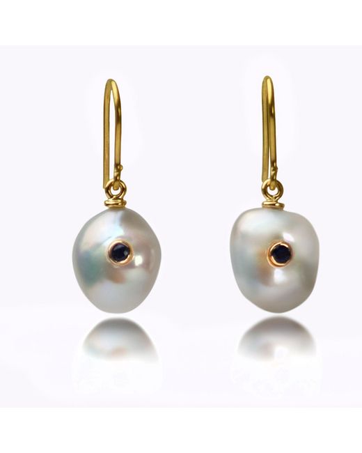 The Jewellery Store London Metallic Keshi Pearl Earrings With Sapphire