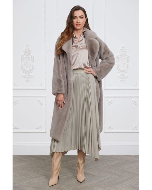 ISSY LONDON Brown Neutrals Greta Luxe Longline Faux Fur Coat Mink Grey